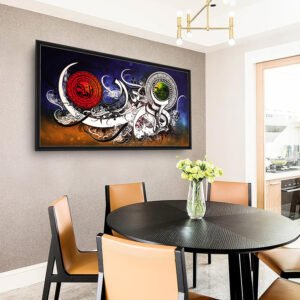 Islamic Crescent Moon & Calligraphy - Allah & Muhammad (SAW) - Abstract Cosmic Design - Hand-Painted Canvas Art 36x60 inches